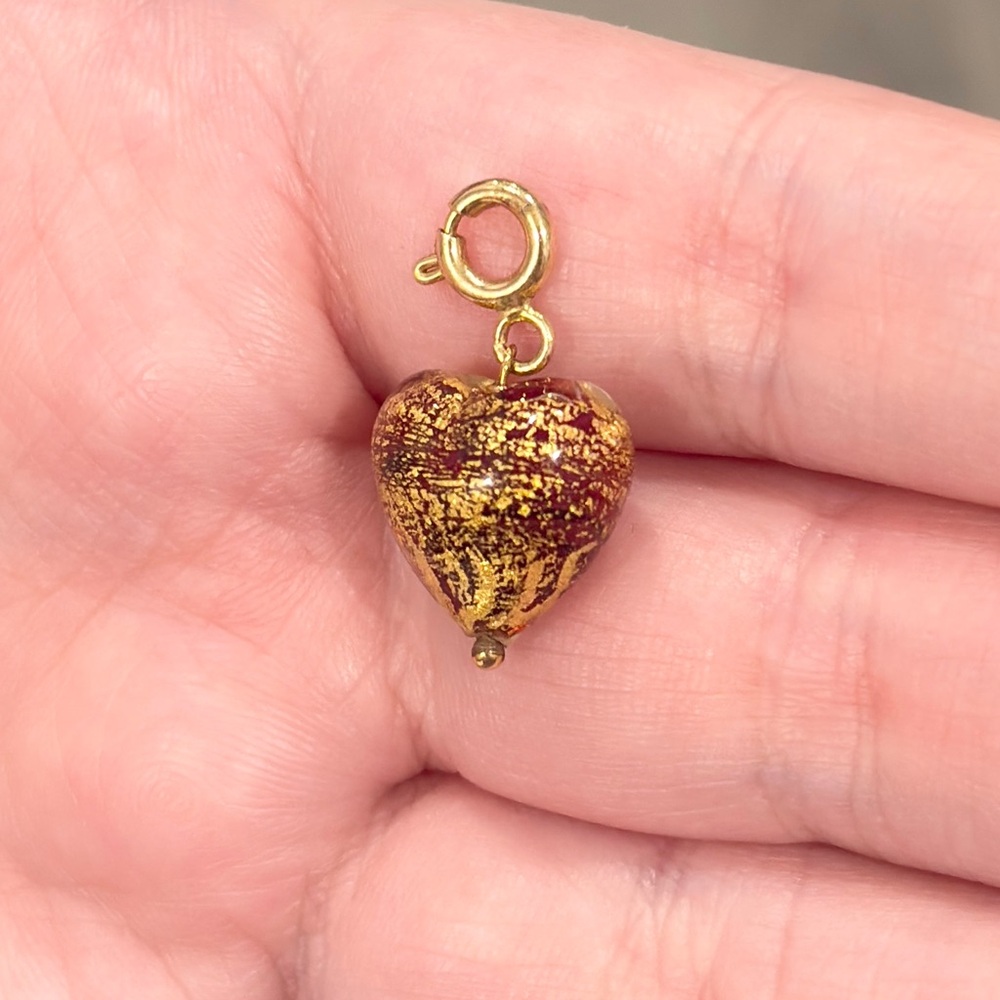 14K Murano Glass Heart Charm, Yellow Gold Pendant, Dainty Petite, Red Gold Bead - Picture 6 of 13